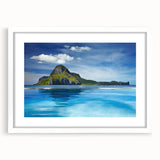 Abstract art print of a Filipino landscape in muted earth tones on a white framed canvas, ideal for dining room decor.