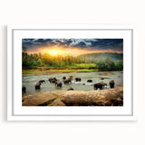 Abstract art print of a Sri Lankan landscape in muted earth tones on a white-framed canvas, ideal for dining room decor.