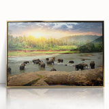 Mid-century modernist large art print of a serene Sri Lankan landscape in muted green and blue tones, acrylic framed.