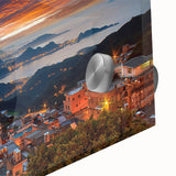 Large abstract wall art featuring a Taiwanese landscape in muted earth tones on acrylic glass, ideal for dining room decor.