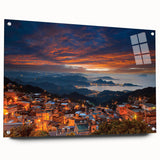 Large abstract wall art depicting a Taiwanese landscape in vibrant greens and blues on acrylic glass.