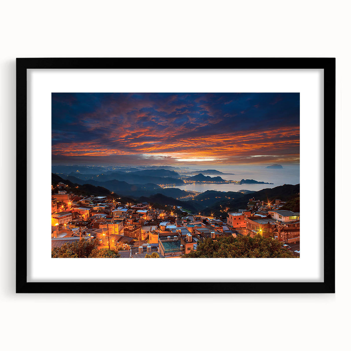 Abstract art print depicting a textured, colorful Taiwanese landscape on a large framed canvas, ideal for living room decor.