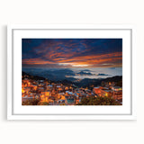 Abstract art print of a Taiwanese landscape in muted earth tones on a framed white canvas, ideal for dining room decor.