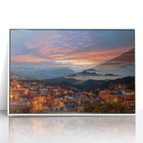 Acrylic print of a Taiwanese landscape in art deco style, with muted earth tones, ideal for modern art wall decor.