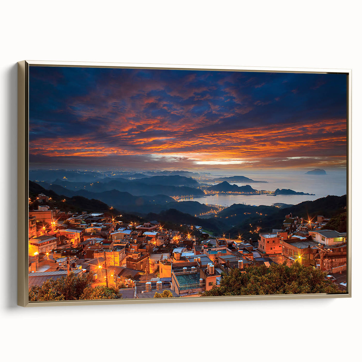 Framed canvas featuring a vintage-style landscape painting of Taiwan, with muted gold and black tones.