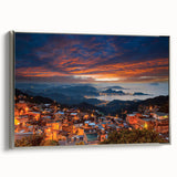 Framed canvas of a vintage landscape painting depicting colorful Taiwanese scenery, ideal for living room decor.