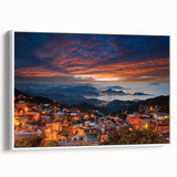 Vintage poster art of a colorful Taiwanese landscape on extra large framed canvas, ideal for living room decor.