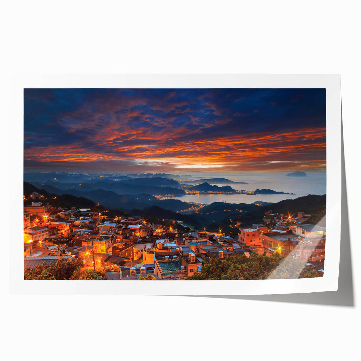 Rolled print of a Taiwanese landscape featuring lush greenery and distant mountains, suited for art wall dining room.