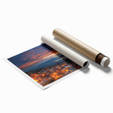 Rolled canvas print of a serene Taiwanese landscape with soft floral elements in pastel colors.
