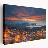 Large canvas print of a serene Taiwanese landscape in muted greens and blues, ideal for kitchen wall art.