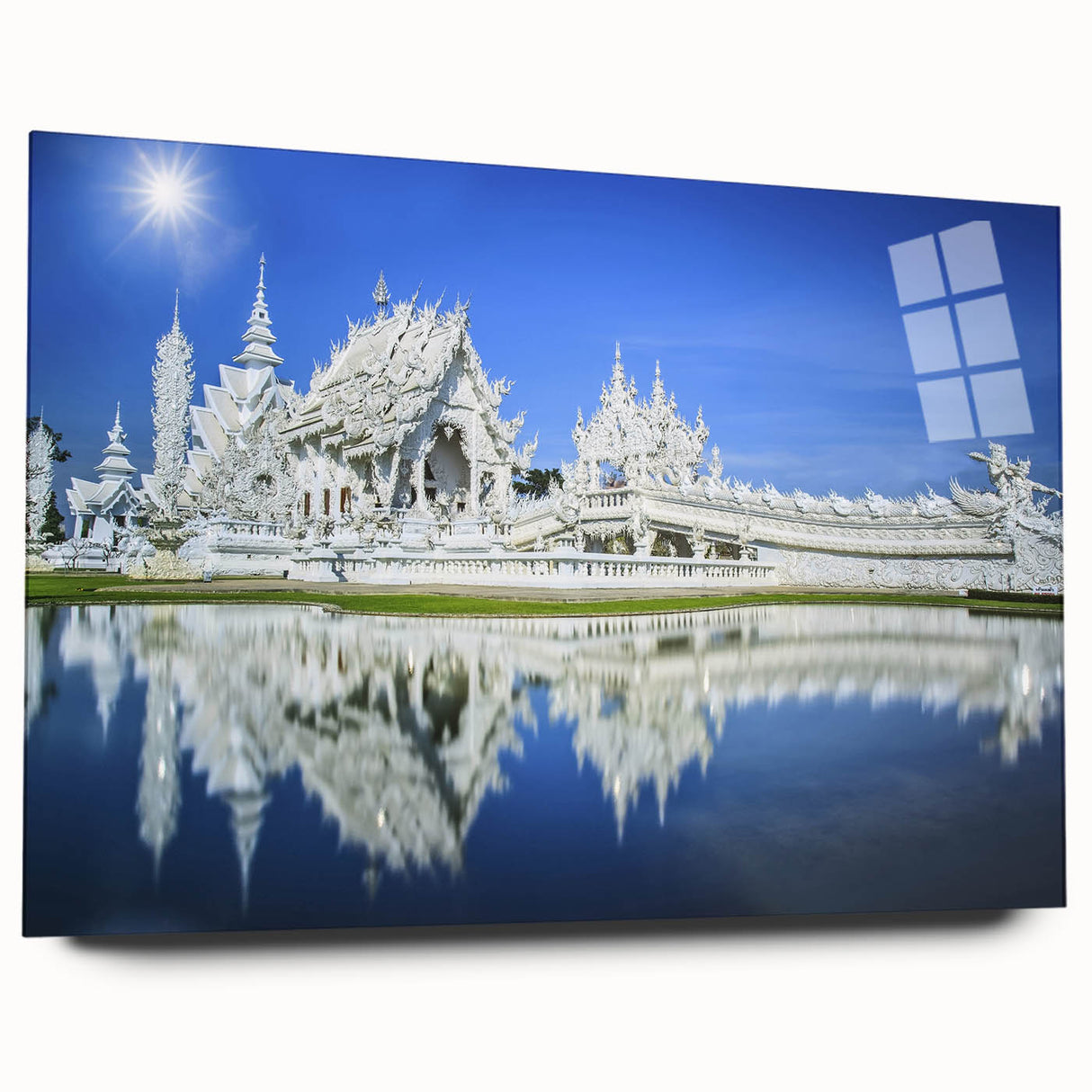 Large abstract art print of Bangkok skyline in muted gray and blue tones on acrylic glass.