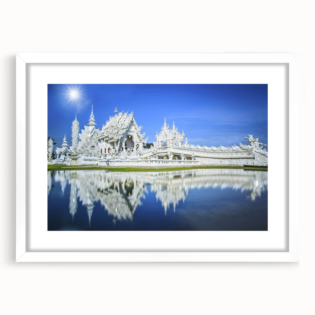 Abstract art print of Bangkok scenery in muted green and blue tones on a white framed canvas, ideal for dining room decor.