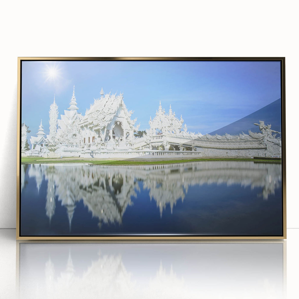 Mid-century modernist art of Bangkok skyline in gold and blue tones on framed acrylic, ideal for modern art wall decor.