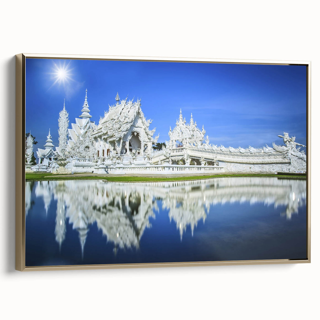 Framed canvas wall art featuring a vintage-style Bangkok landscape in black and gold tones, ideal for bedroom decor.