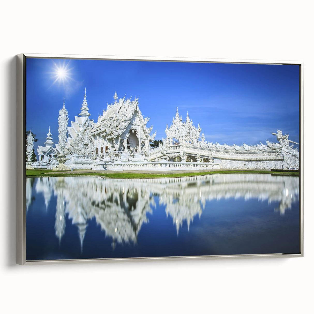 Framed canvas of a colorful Bangkok landscape in vintage poster style, ideal for living room decor.