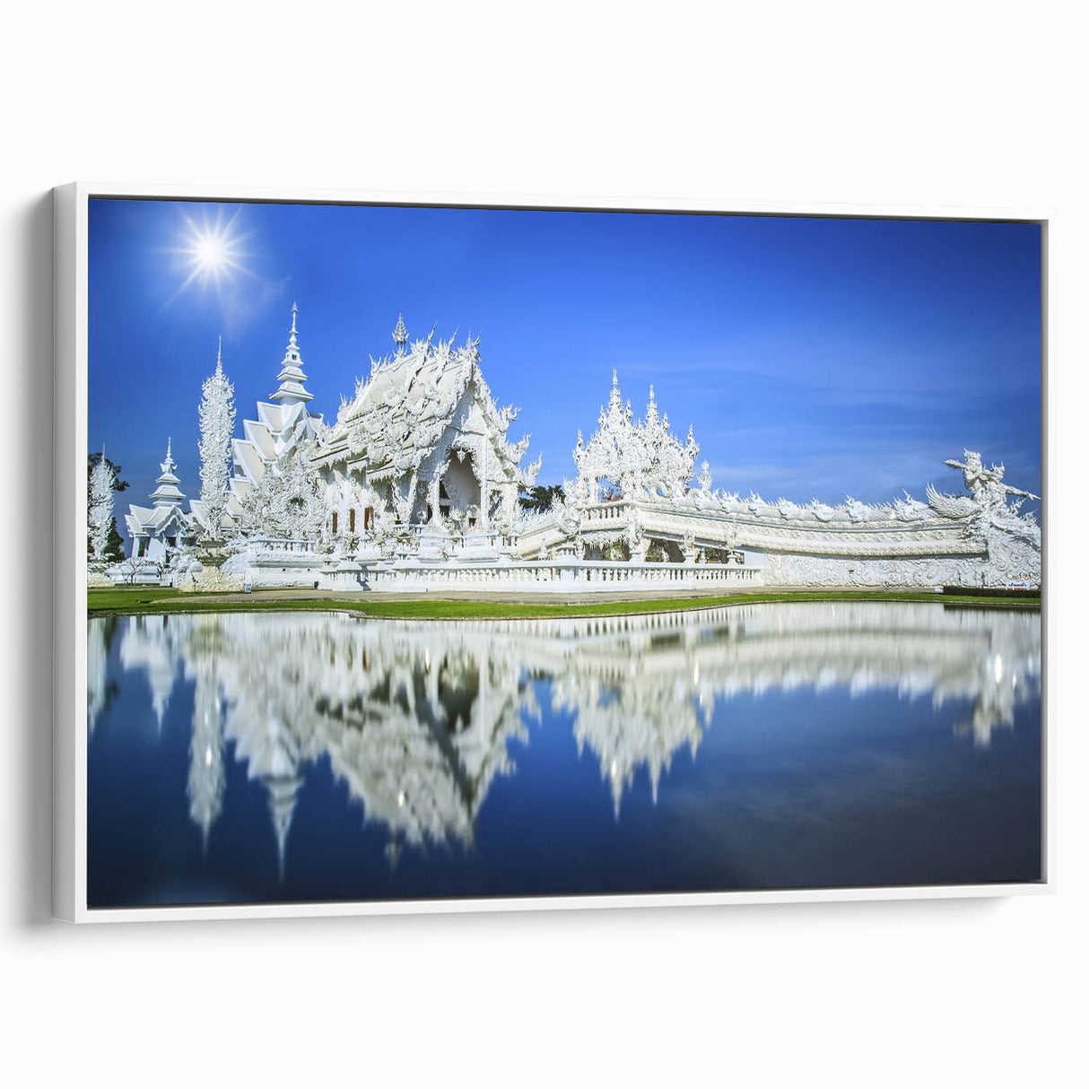 Vintage poster art of Bangkok skyline in colorful hues on a large framed canvas, suitable for living room decor.