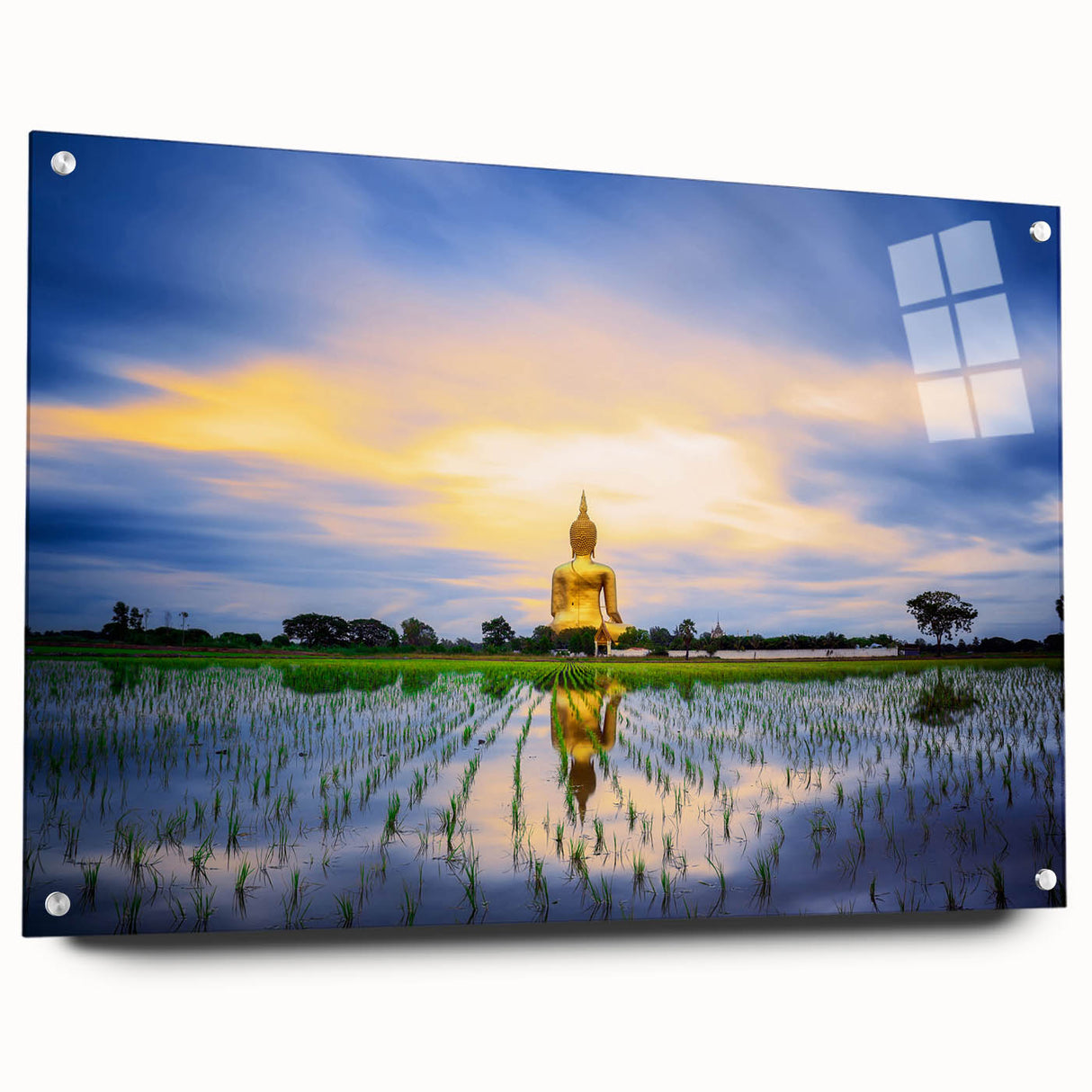 Large abstract wall art depicting a serene Thai landscape in muted green and blue tones on acrylic glass.