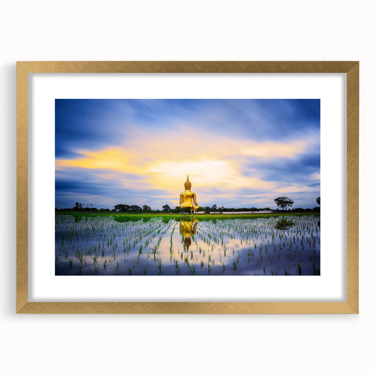 Extra large abstract art print of a textured scenery depicting Thailand, in gold frame, suitable for living room decor.