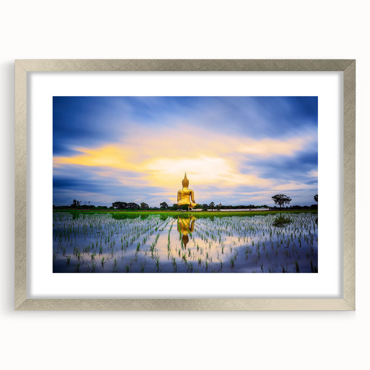 Textured art print of an abstract Thai landscape in muted earth tones, framed in silver, suitable for bedroom decor.