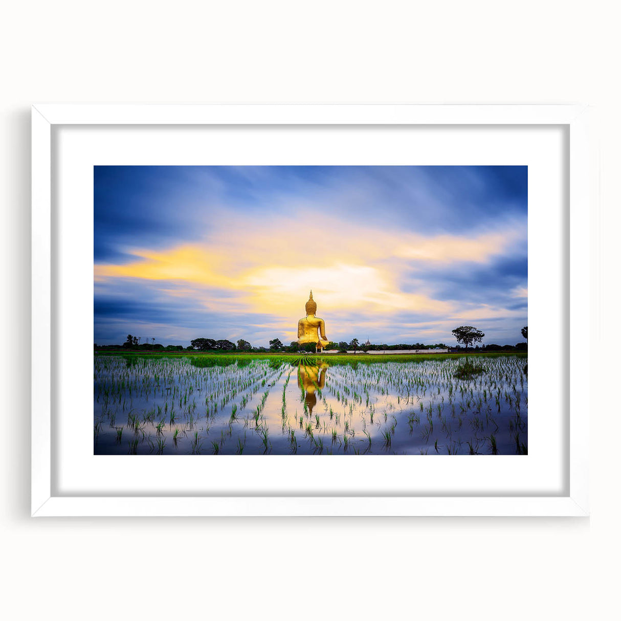 Abstract art print of a serene Thai landscape in muted green and blue tones, framed in white, suitable for dining room decor.