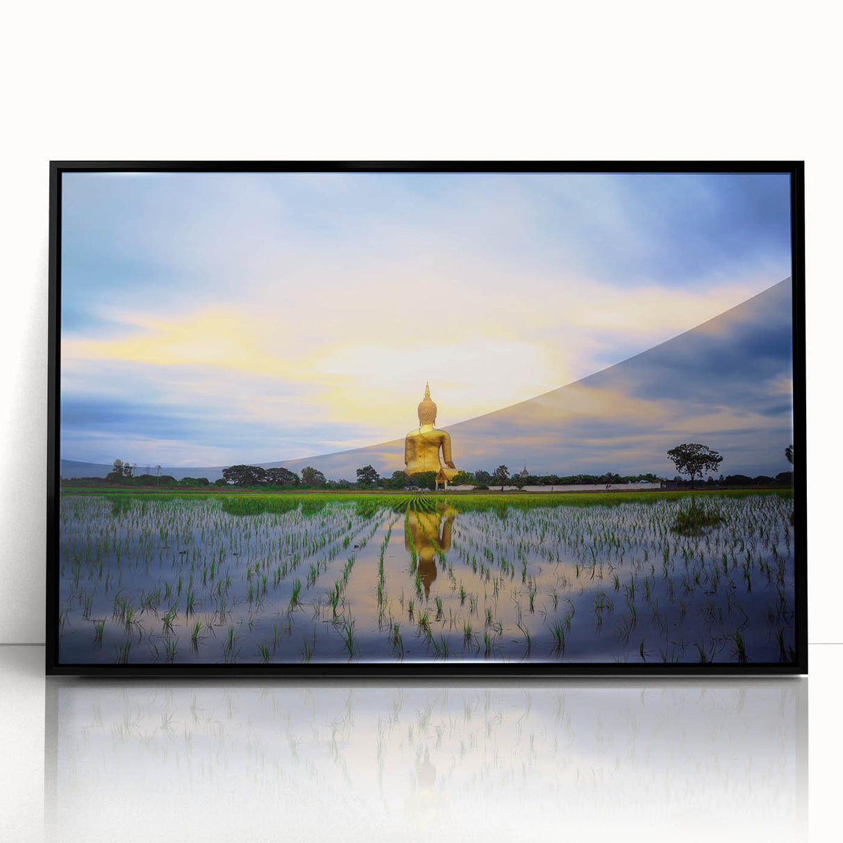 Large acrylic print of a serene Thai landscape in muted green and blue tones, framed in black.