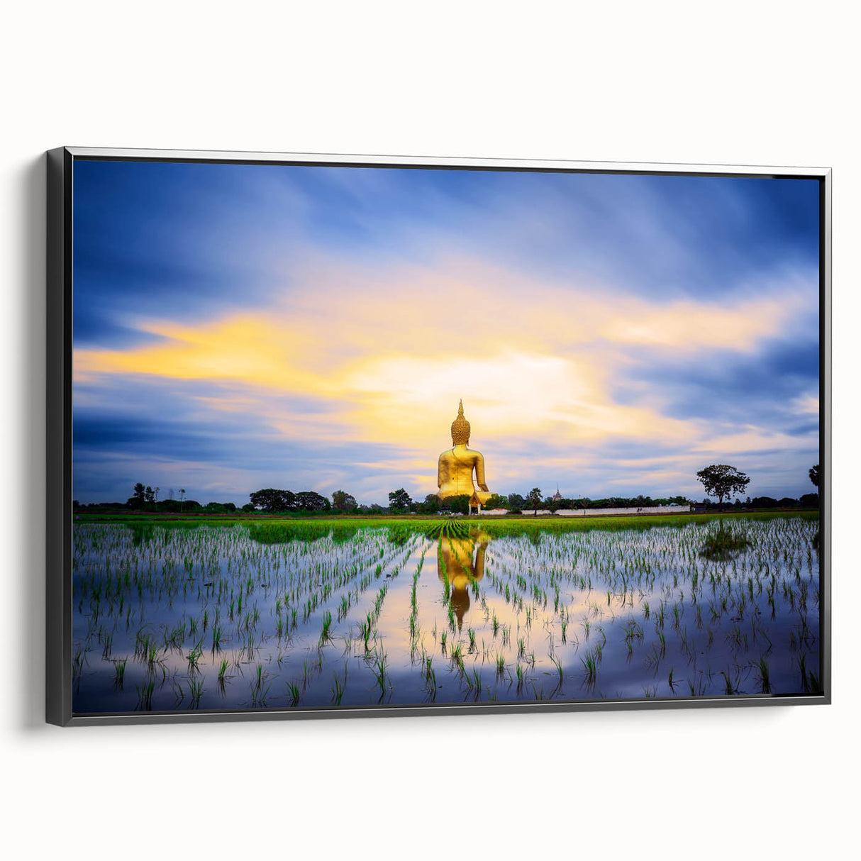 Black and white framed canvas featuring a vintage landscape painting of a Thai scenery, ideal for bedroom decor.