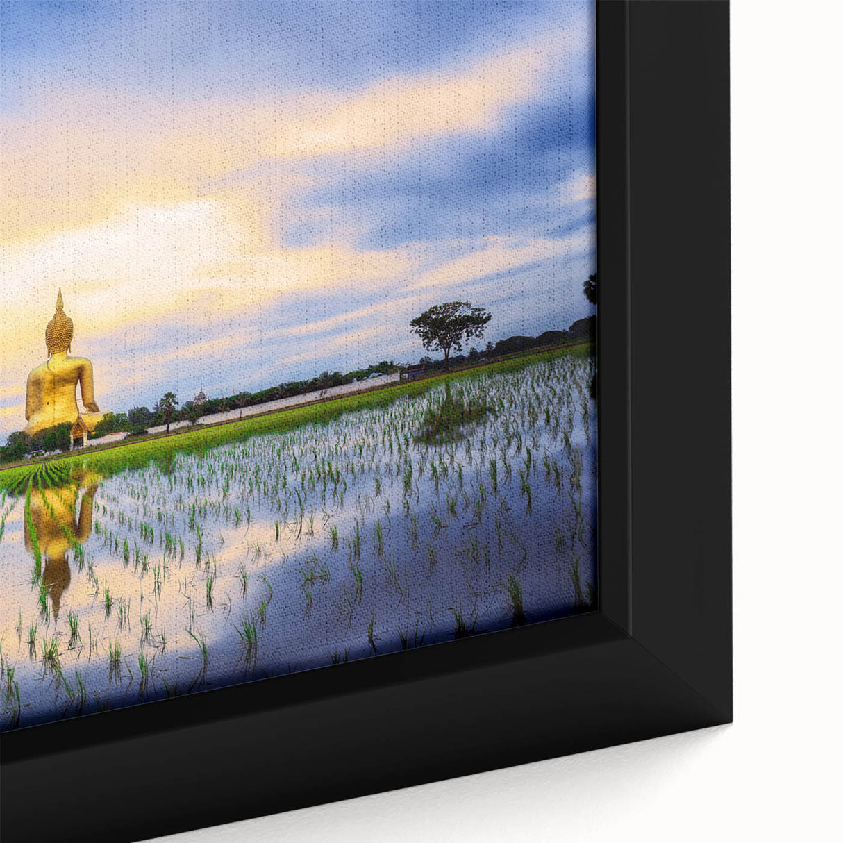 Black wall art featuring a textured, colorful Thai landscape on a large framed canvas, ideal for living room decor.