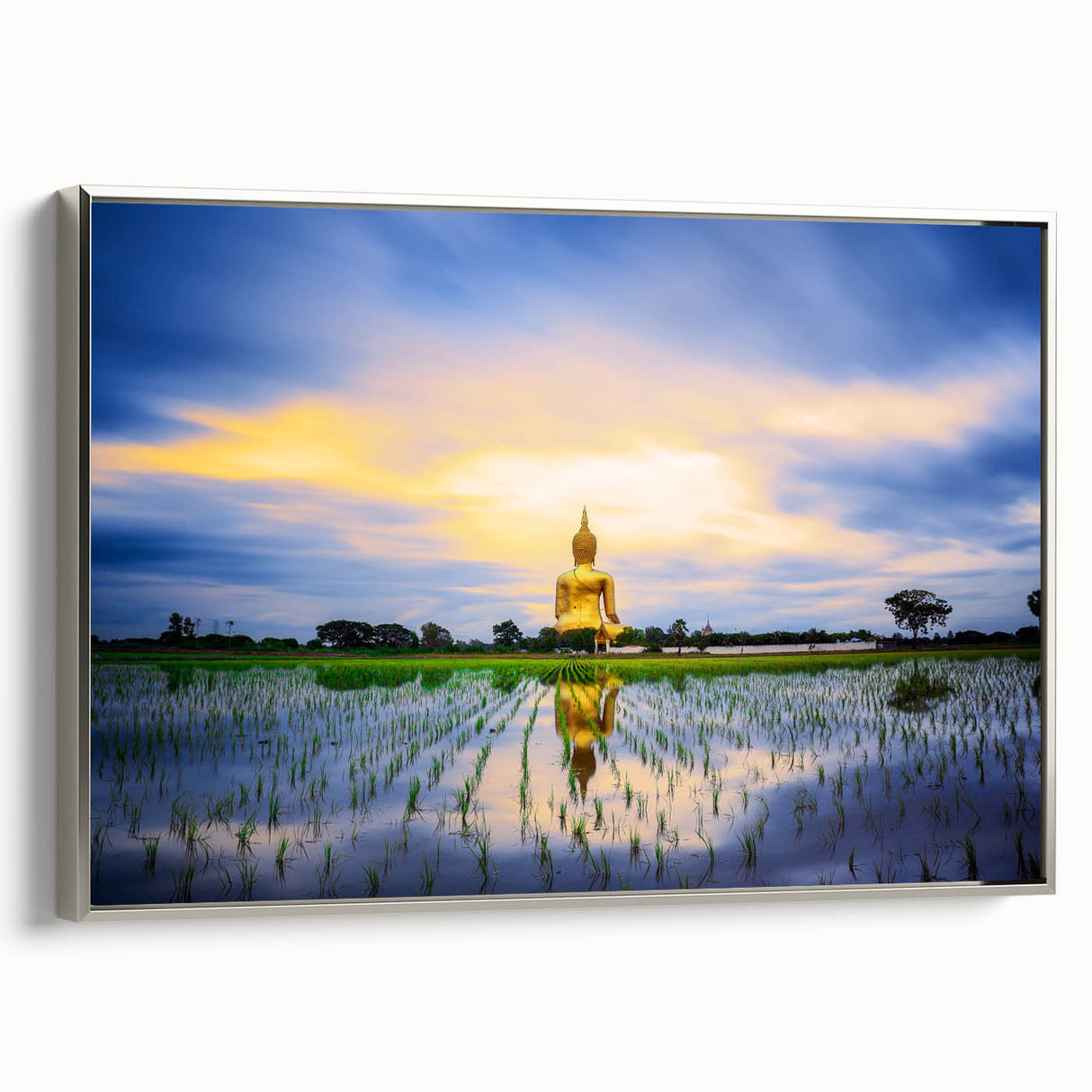 Framed canvas featuring a colorful landscape painting of a Thai scenery in vintage poster style, ideal for living room decor.