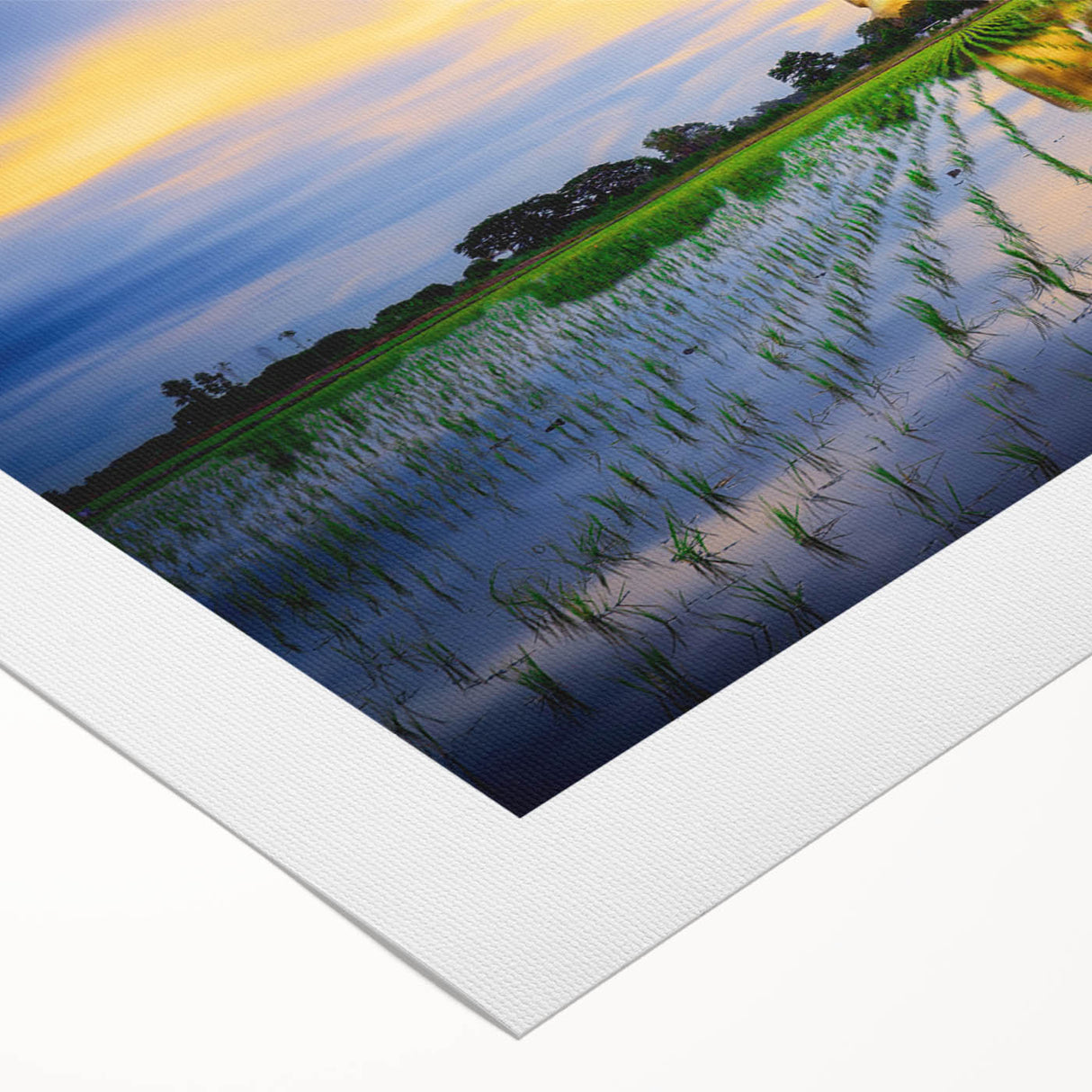 Art deco poster of a serene Thai landscape in muted green and blue tones on rolled canvas, suitable for dining room decor.
