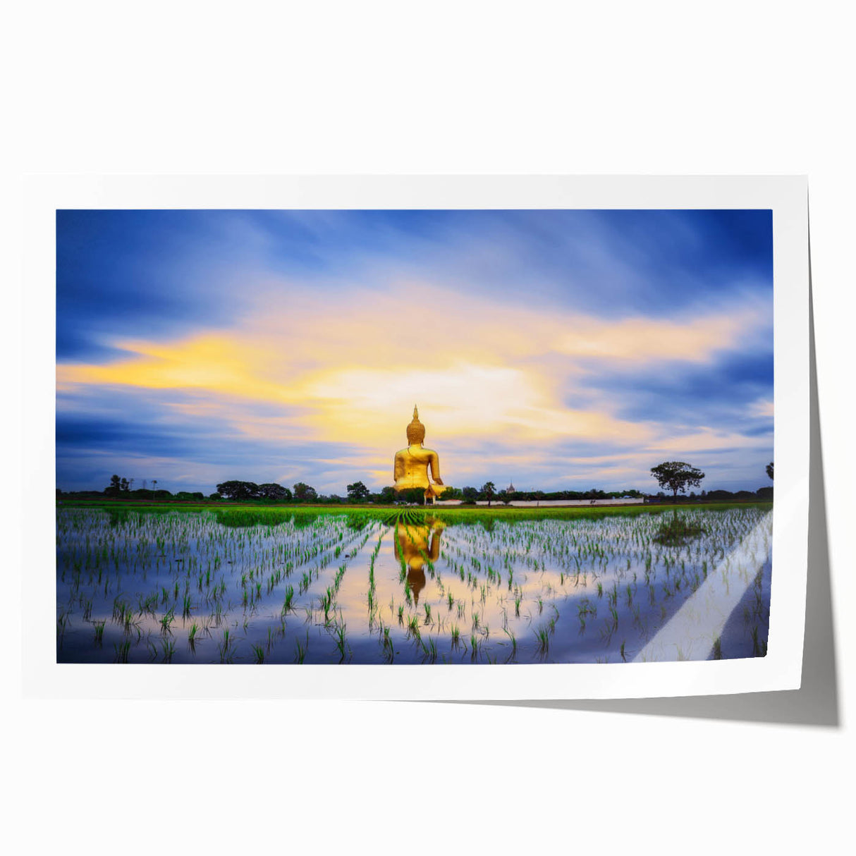 Extra large rolled print of a tranquil Thai landscape in muted greens and blues, ideal for dining room wall art.