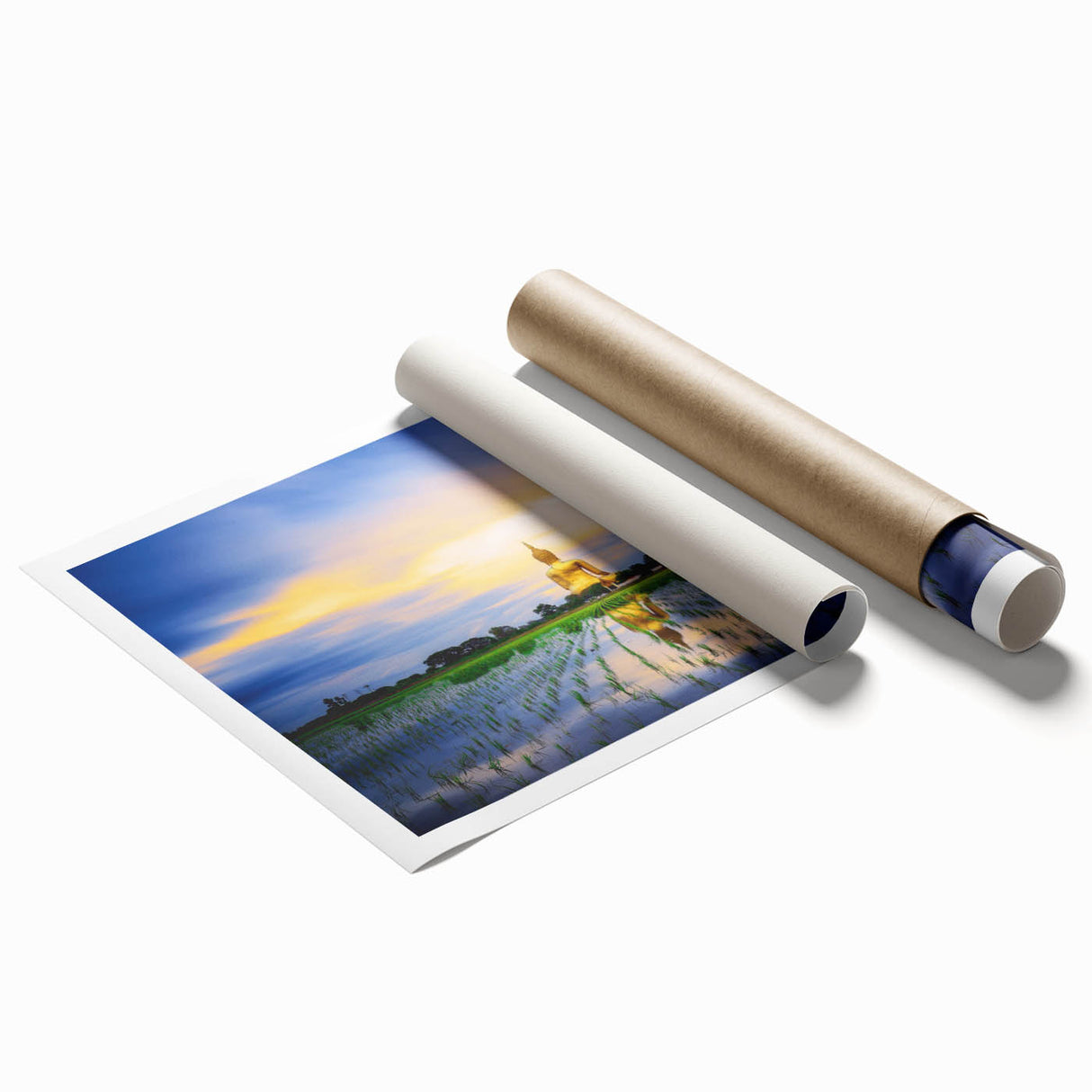 Extra large rolled print of a Thai landscape with lush florals in vibrant green and pink tones.