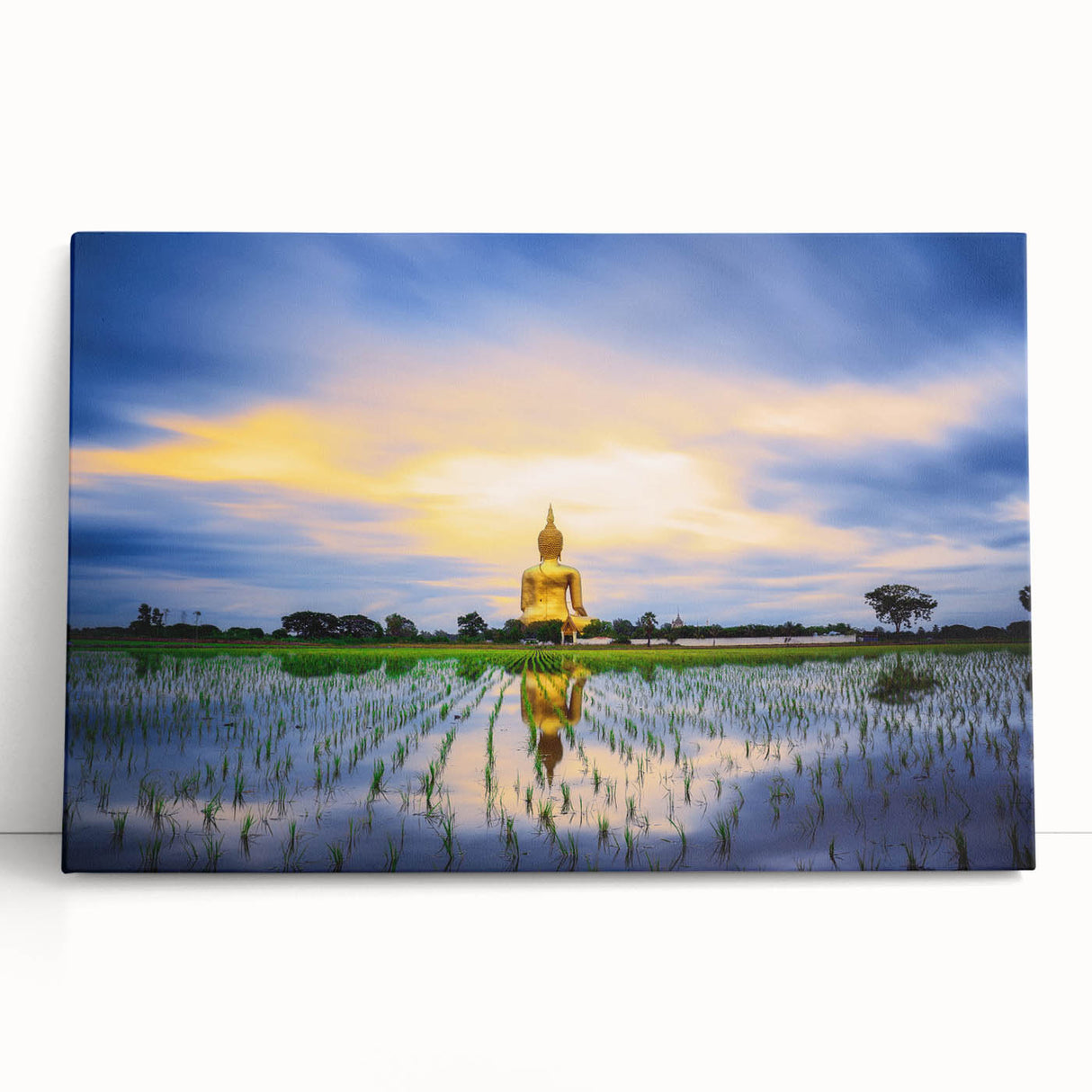 Black and white photograph of a serene Thai landscape on large stretched canvas.
