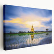 Large art depicting a serene Thai landscape in muted green and blue tones on stretched canvas, suitable for kitchen wall art.