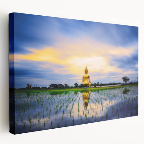 Large art depicting a serene Thai landscape in muted green and blue tones on stretched canvas, suitable for kitchen wall art.