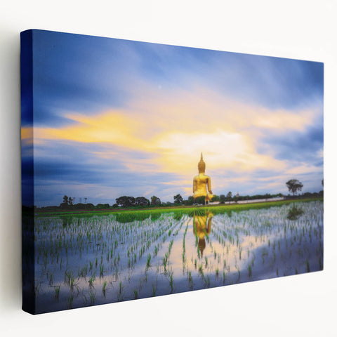 Large art depicting a serene Thai landscape in muted green and blue tones on stretched canvas, suitable for kitchen wall art.