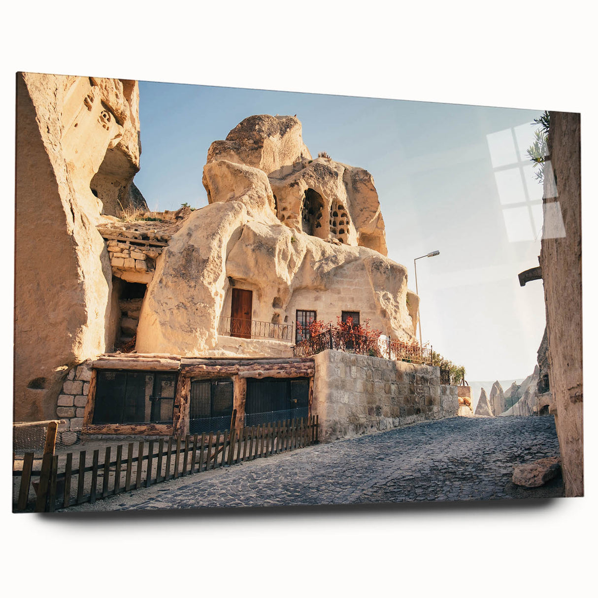 Large abstract wall art of a Turkish landscape in muted earth tones on acrylic glass, ideal for bedroom or dining room decor.