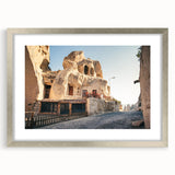 Textured abstract art print of a Turkish landscape in muted earth tones, framed with a silver mat, ideal for bedroom art.