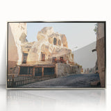 Mid-century modernist art featuring a serene Turkish landscape in acrylic, framed in silver, ideal for nursery wall art.