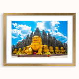 Extra large abstract art print of a Vietnamese landscape in textured gold frame, ideal for living room decor.