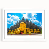 Abstract art print of a Vietnamese landscape in muted green and blue tones on a framed white mat.