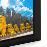 Framed canvas featuring a textured depiction of a Vietnamese landscape with vibrant green and blue tones.