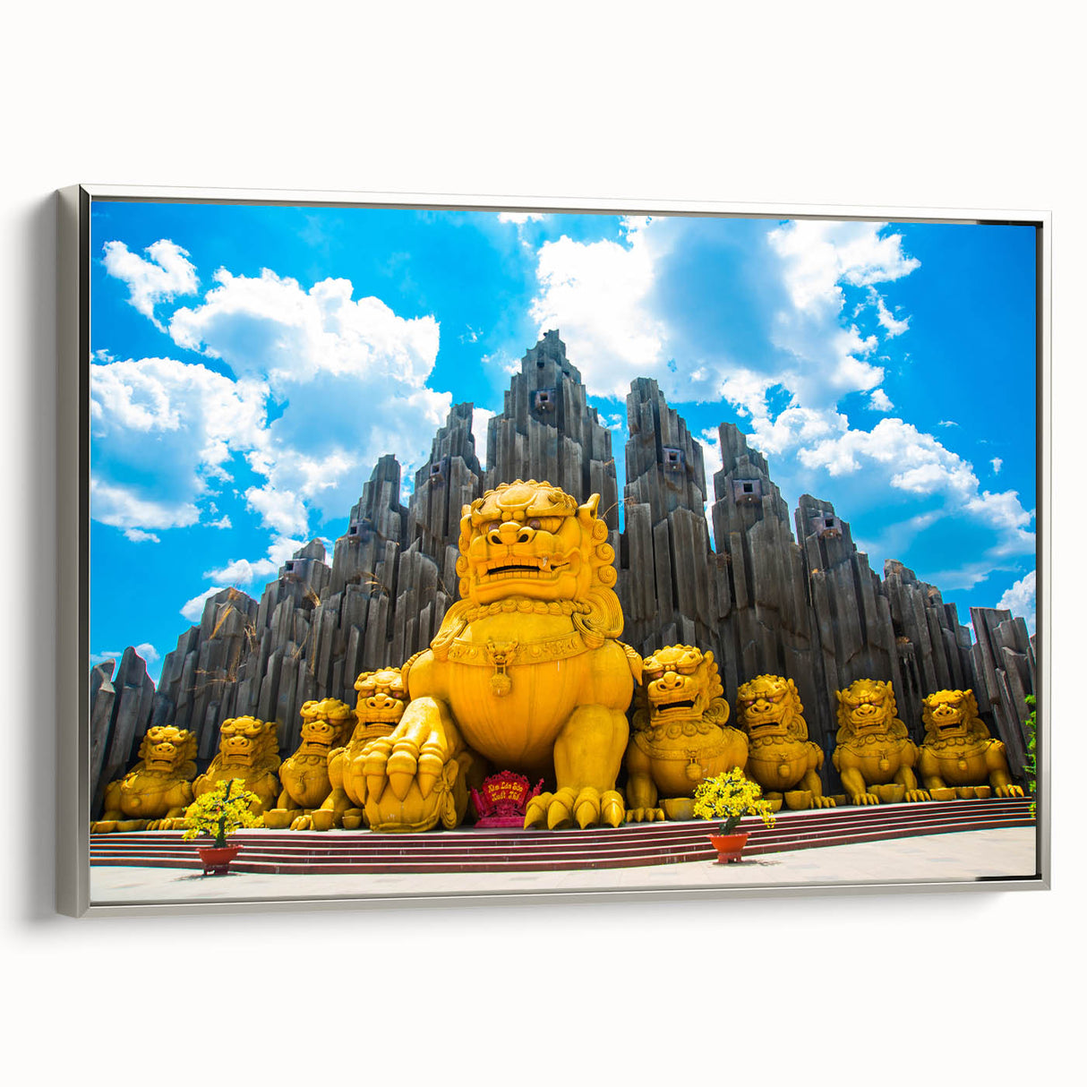 Framed canvas landscape art painting depicting a scenic Vietnam village with colorful and black elements.