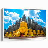 Vintage poster art of a Vietnamese landscape on a framed canvas, featuring vivid colors and black accents.