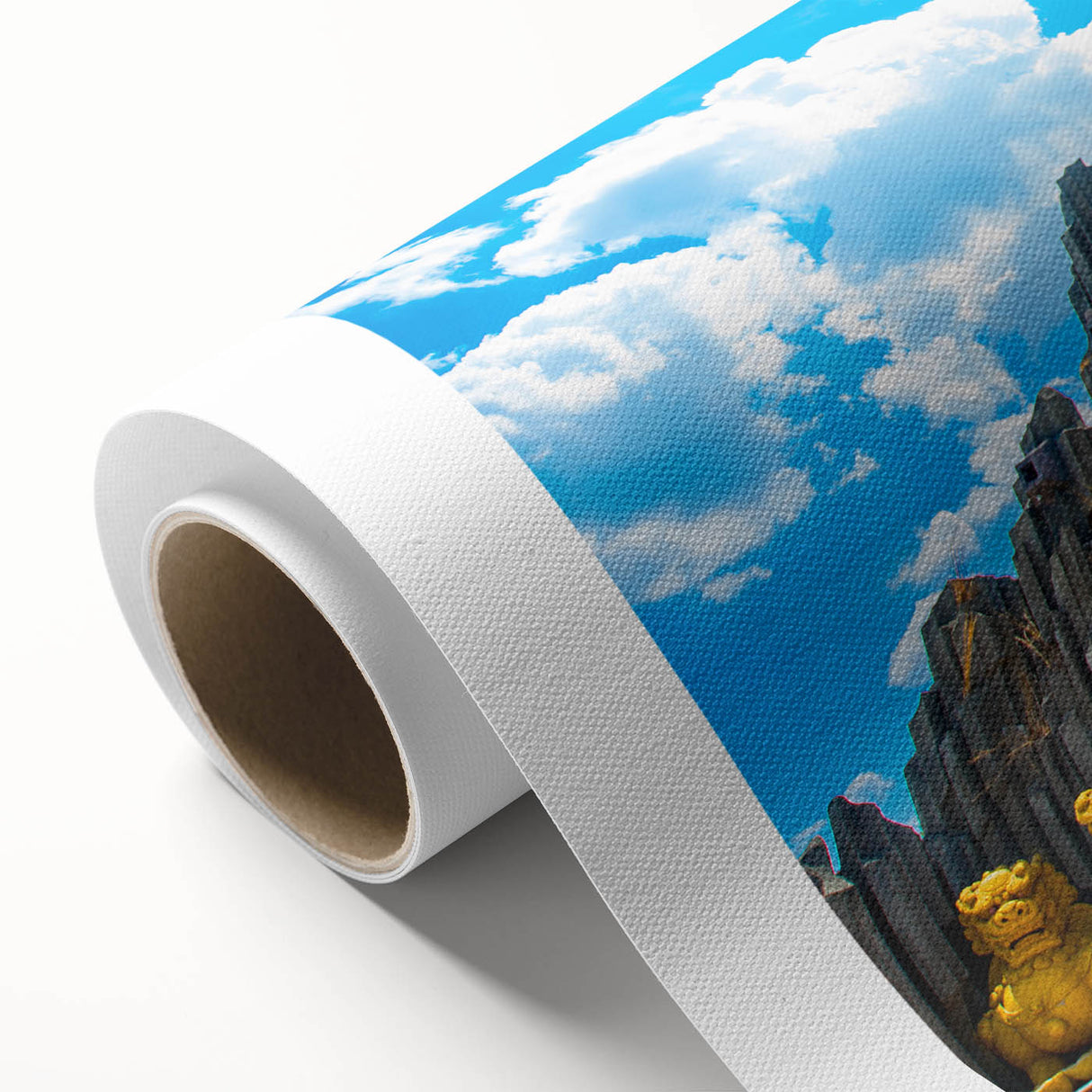 Art deco poster of a Vietnamese landscape on rolled canvas, featuring muted earth tones, ideal for nursery wall art.