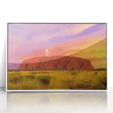 Large art print of Ayers Rock in muted earth tones on white framed acrylic, ideal for modern art wall decor.