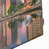 Large abstract depiction of Brisbane in mid-century modernist style on acrylic glass, suitable for dining room art.