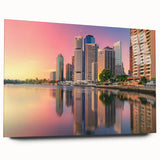 Large abstract wall art of Brisbane skyline in muted blue tones, acrylic print, ideal for bedroom or dining room decor.