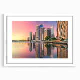 Extra large abstract art print of Brisbane scenery in textured style, framed in white, suitable for living room decor.