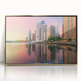 Mid-century modernist art depicting the Brisbane skyline, in gold tones on a framed acrylic, suitable for nursery wall decor.