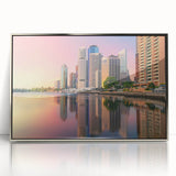 Art deco poster of Brisbane skyline in silver frame, showing pastel shades, ideal for modern nursery wall art.